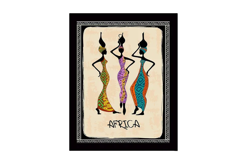 Indrammet lærredstryk i træ - 41x56 cm - Tre stiliserede kvinder i farverige kjoler med traditionelle mønstre, Sort / Orange / Grøn