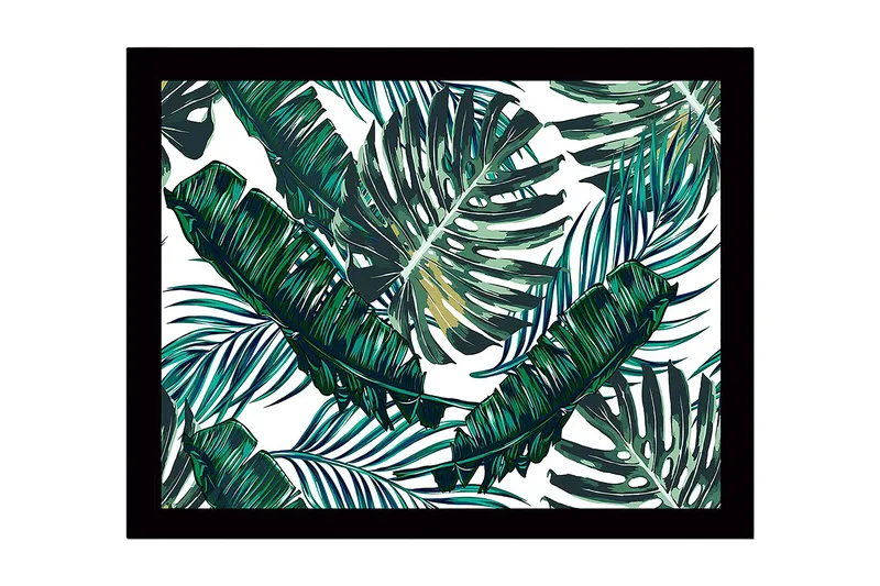 Indrammet lærredstryk i træ - 41x56 cm - Tropisk løv med grønne palmeblade - Mørkegrøn / Lysegrøn / Hvid - Boligtilbehør - Billeder & kunst