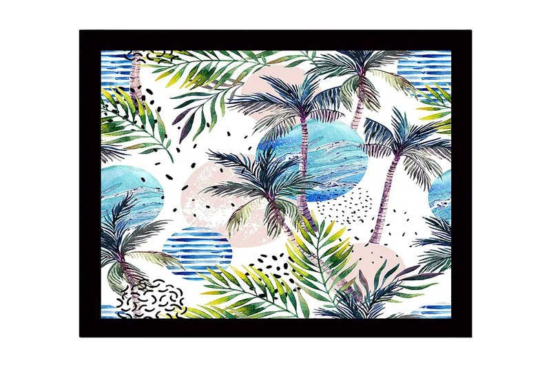 Indrammet lærredstryk i træ - 41x56 cm - Tropisk landskab med palmer og farverige cirkler, Grøn / Blå / Lyserød