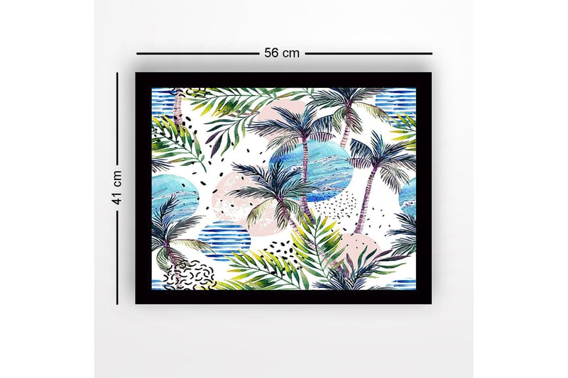 Indrammet lærredstryk i træ - 41x56 cm - Tropisk landskab med palmer og farverige cirkler - Grøn / Blå / Lyserød - Boligtilbehør - Billeder & kunst