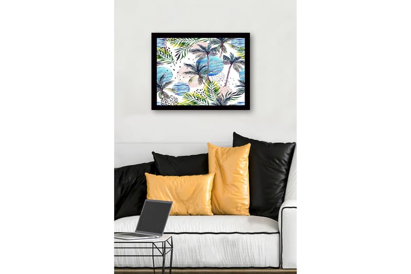 Indrammet lærredstryk i træ - 41x56 cm - Tropisk landskab med palmer og farverige cirkler - Grøn / Blå / Lyserød - Boligtilbehør - Billeder & kunst