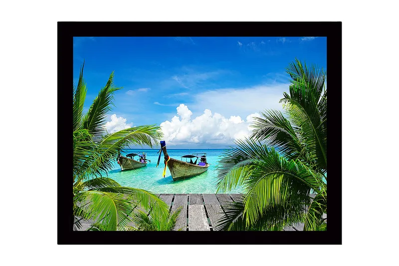 Indrammet lærredstryk i træ - 41x56 cm - Tropisk strand med både og palmer - Turkis / Grøn / Blå - Boligtilbehør - Billeder & kunst