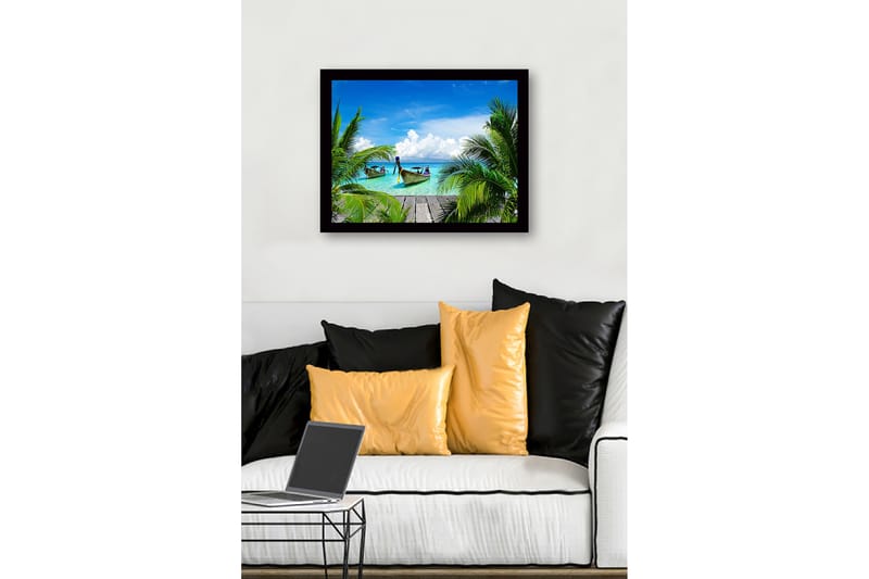 Indrammet lærredstryk i træ - 41x56 cm - Tropisk strand med både og palmer - Turkis / Grøn / Blå - Boligtilbehør - Billeder & kunst