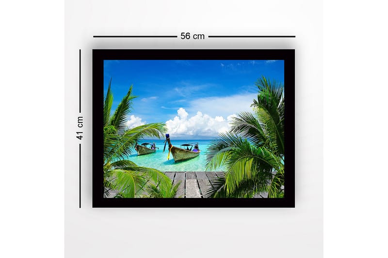 Indrammet lærredstryk i træ - 41x56 cm - Tropisk strand med både og palmer - Turkis / Grøn / Blå - Boligtilbehør - Billeder & kunst