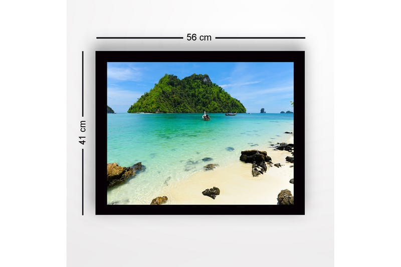 Indrammet lærredstryk i træ - 41x56 cm - Tropisk strand med klart blåt vand og frodige øer - Turkis / Grøn / Beige - Boligtilbehør - Billeder & kunst
