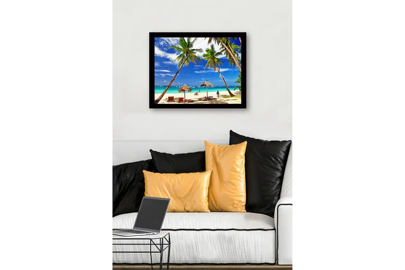 Indrammet lærredstryk i træ - 41x56 cm - Tropisk strand med palmer og liggestole - Blå / Grøn / Beige - Boligtilbehør - Billeder & kunst