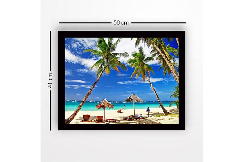 Indrammet lærredstryk i træ - 41x56 cm - Tropisk strand med palmer og liggestole - Blå / Grøn / Beige - Boligtilbehør - Billeder & kunst