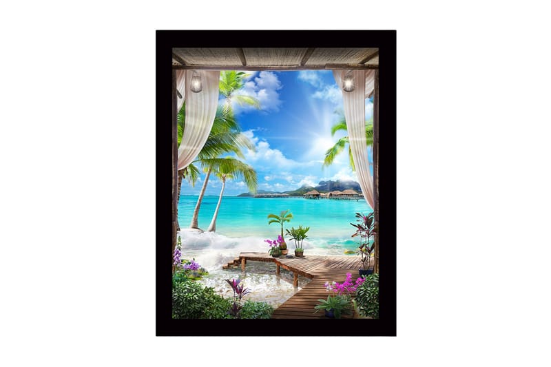 Indrammet lærredstryk i træ - 41x56 cm - Tropisk udsigt med palmer og klart blåt hav, Turkis / Grøn / Lilla
