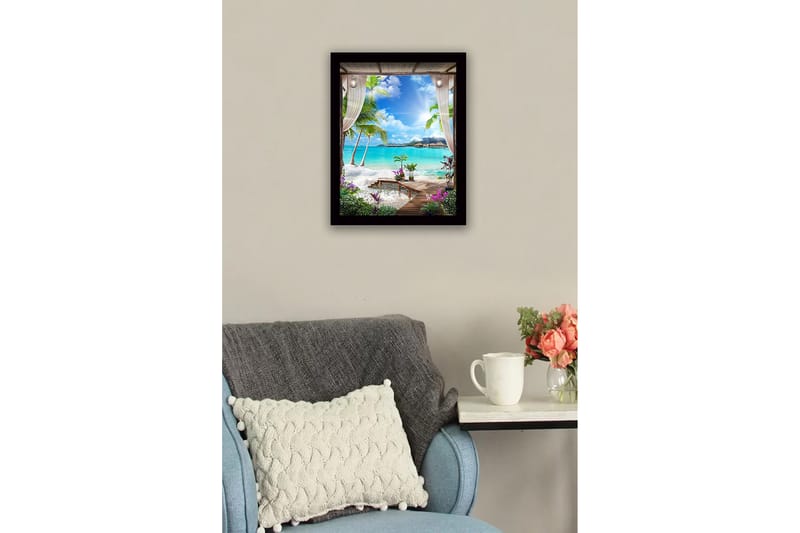 Indrammet lærredstryk i træ - 41x56 cm - Tropisk udsigt med palmer og klart blåt hav - Turkis / Grøn / Lilla - Boligtilbehør - Billeder & kunst