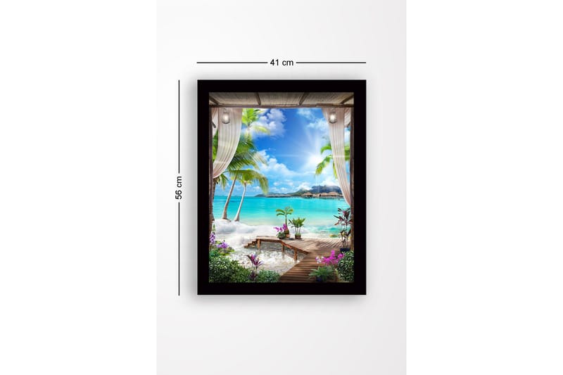 Indrammet lærredstryk i træ - 41x56 cm - Tropisk udsigt med palmer og klart blåt hav - Turkis / Grøn / Lilla - Boligtilbehør - Billeder & kunst