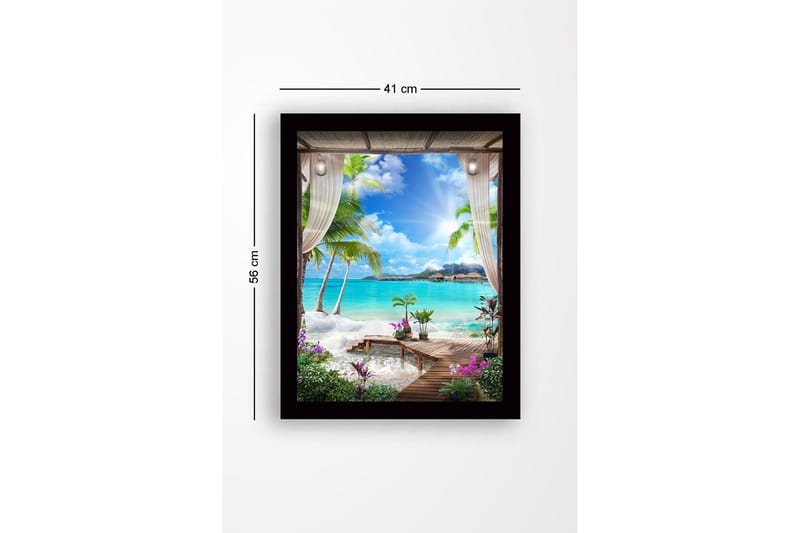 Indrammet lærredstryk i træ - 41x56 cm - Tropisk udsigt med palmer og klart blåt hav - Turkis / Grøn / Lilla - Boligtilbehør - Billeder & kunst
