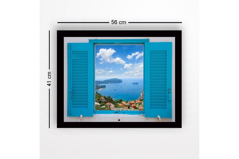Indrammet lærredstryk i træ - 41x56 cm - Udsigt gennem en åben skodde mod havet og himlen - Blå / Grøn / Hvid - Boligtilbehør - Billeder & kunst