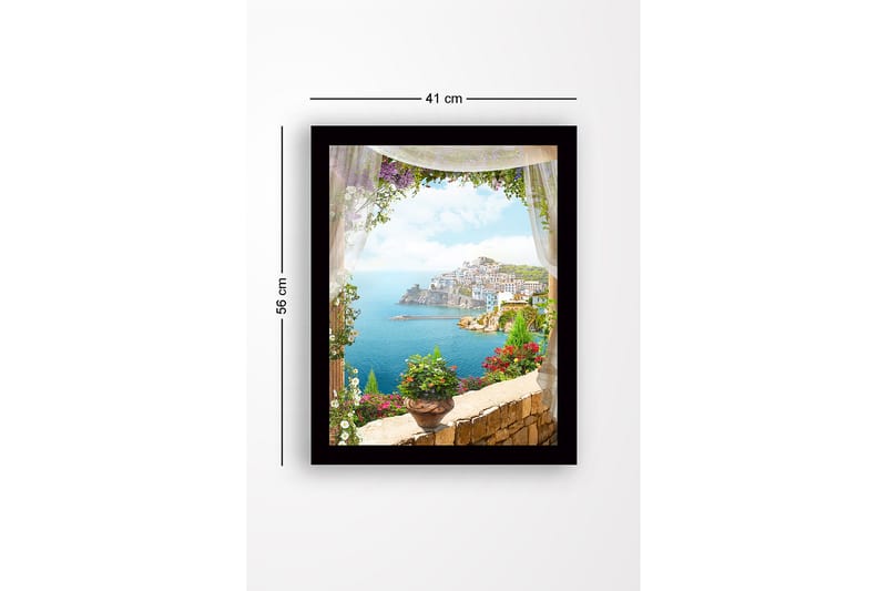 Indrammet lærredstryk i træ - 41x56 cm - Udsigt over en kystby med blomster i forgrunden - Blå / Grøn / Lyserød - Boligtilbehør - Billeder & kunst