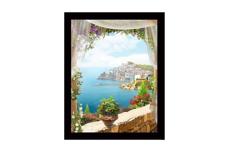 Indrammet lærredstryk i træ - 41x56 cm - Udsigt over en kystby med blomster i forgrunden, Blå / Grøn / Lyserød