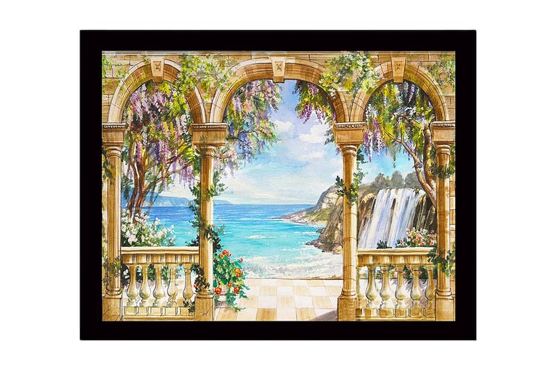 Indrammet lærredstryk i træ - 41x56 cm - Udsigt over havet med søjlegange og blomstrende planter, Blå / Grøn / Beige