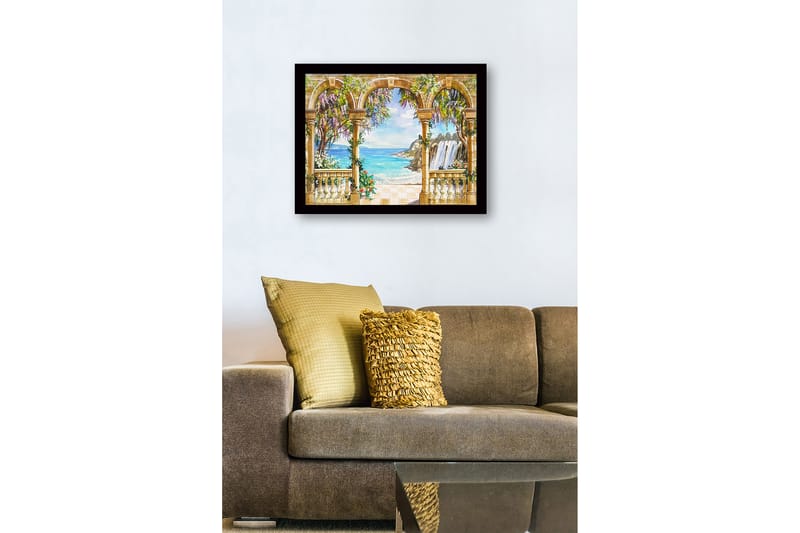 Indrammet lærredstryk i træ - 41x56 cm - Udsigt over havet med søjlegange og blomstrende planter - Blå / Grøn / Beige - Boligtilbehør - Billeder & kunst