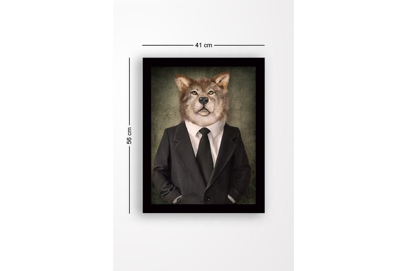 Indrammet lærredstryk i træ - 41x56 cm - Ulv med mennesketræk i jakkesæt og slips - Grå / Sort / Beige - Boligtilbehør - Billeder & kunst