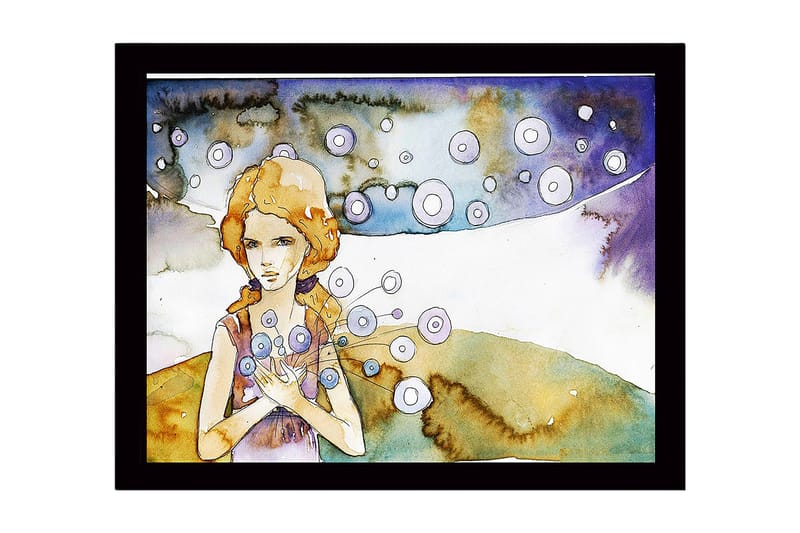 Indrammet lærredstryk i træ - 41x56 cm - Ung kvinde med blomster i hænderne og svævende cirkler omkring hende, Lyseblå / Beige / Lilla