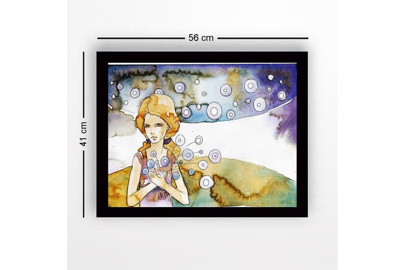 Indrammet lærredstryk i træ - 41x56 cm - Ung kvinde med blomster i hænderne og svævende cirkler omkring hende - Lyseblå / Beige / Lilla - Boligtilbehør - Billeder & kunst