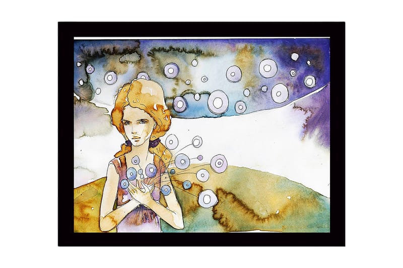 Indrammet lærredstryk i træ - 41x56 cm - Ung kvinde med blomster i hænderne og svævende cirkler omkring hende, Lyseblå / Beige / Lilla