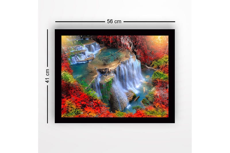 Indrammet lærredstryk i træ - 41x56 cm - Vandfald omgivet af farverige efterårsblade - Rød / Grøn / Blå - Boligtilbehør - Billeder & kunst