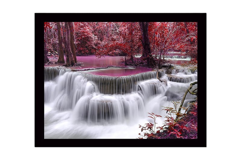 Indrammet lærredstryk i træ - 41x56 cm - Vandfald omgivet af farverige træer og vegetation, Rød / Lilla / Hvid