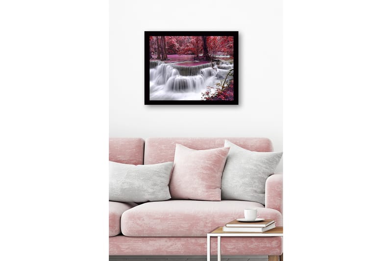 Indrammet lærredstryk i træ - 41x56 cm - Vandfald omgivet af farverige træer og vegetation - Rød / Lilla / Hvid - Boligtilbehør - Billeder & kunst