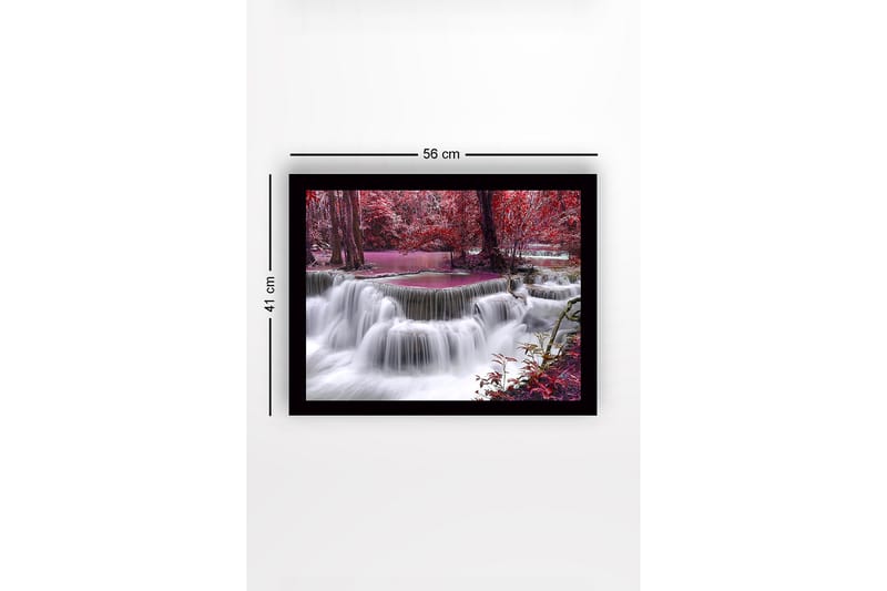 Indrammet lærredstryk i træ - 41x56 cm - Vandfald omgivet af farverige træer og vegetation - Rød / Lilla / Hvid - Boligtilbehør - Billeder & kunst