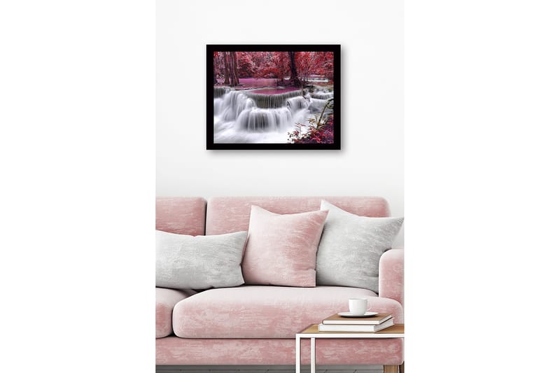 Indrammet lærredstryk i træ - 41x56 cm - Vandfald omgivet af farverige træer og vegetation - Rød / Lilla / Hvid - Boligtilbehør - Billeder & kunst