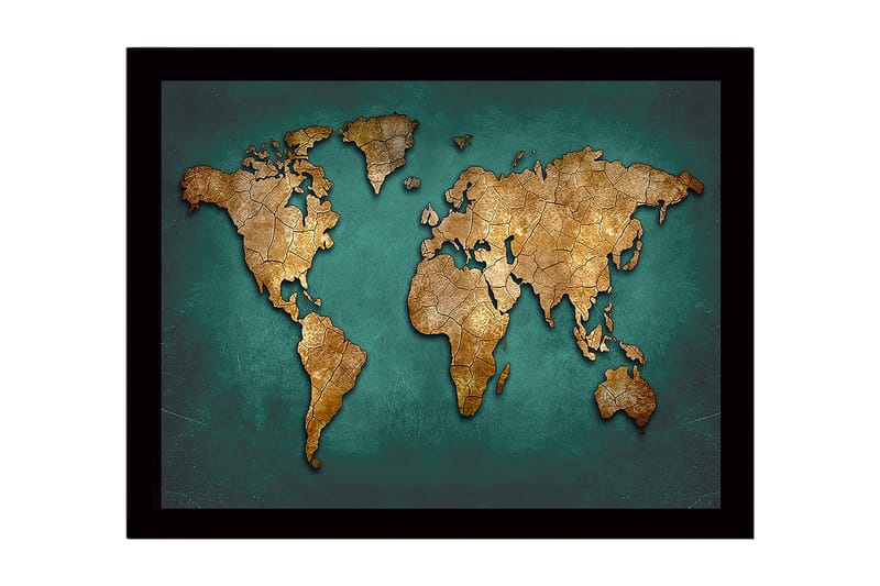 Indrammet lærredstryk i træ - 41x56 cm - Verdenskort i guldtoner på turkis baggrund, Guld / Turkis