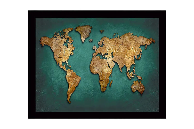Indrammet lærredstryk i træ - 41x56 cm - Verdenskort i guldtoner på turkis baggrund - Guld / Turkis - Boligtilbehør - Billeder & kunst
