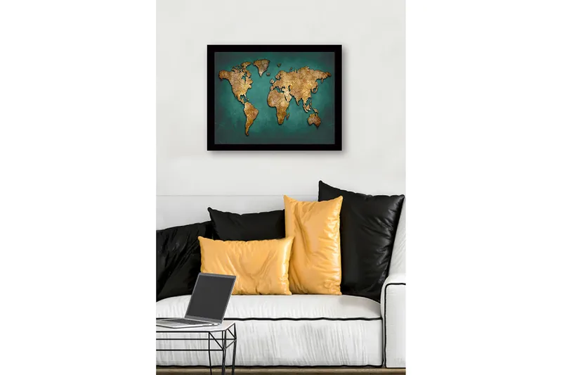 Indrammet lærredstryk i træ - 41x56 cm - Verdenskort i guldtoner på turkis baggrund - Guld / Turkis - Boligtilbehør - Billeder & kunst