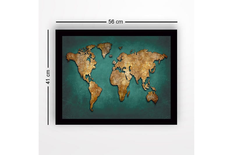 Indrammet lærredstryk i træ - 41x56 cm - Verdenskort i guldtoner på turkis baggrund - Guld / Turkis - Boligtilbehør - Billeder & kunst