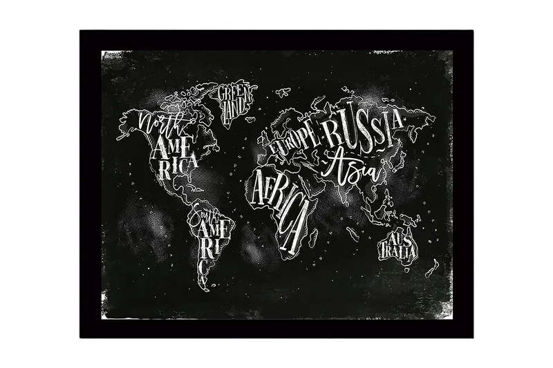 Indrammet lærredstryk i træ - 41x56 cm - Verdenskort med håndskrevne navne på kontinenter og lande, Sort / Hvid