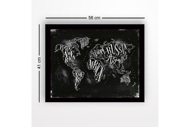 Indrammet lærredstryk i træ - 41x56 cm - Verdenskort med håndskrevne navne på kontinenter og lande - Sort / Hvid - Boligtilbehør - Billeder & kunst