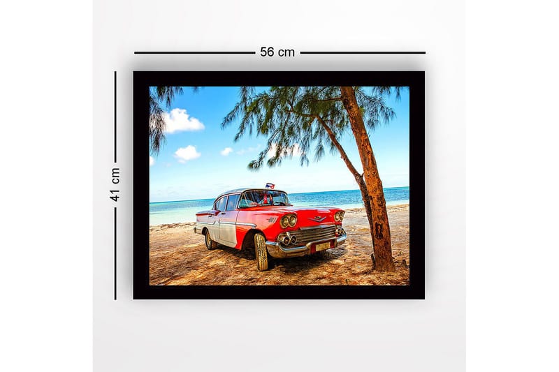 Indrammet lærredstryk i træ - 41x56 cm - Veteranbil på stranden med palmer i baggrunden - Rød / Hvid / Grå - Boligtilbehør - Billeder & kunst