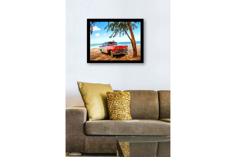 Indrammet lærredstryk i træ - 41x56 cm - Veteranbil på stranden med palmer i baggrunden - Rød / Hvid / Grå - Boligtilbehør - Billeder & kunst