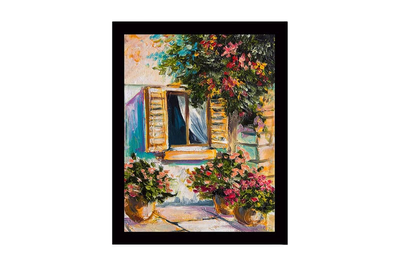 Indrammet lærredstryk i træ - 41x56 cm - Vindue med blomsterpotter i solrige omgivelser, Grøn / Lyserød / Gul