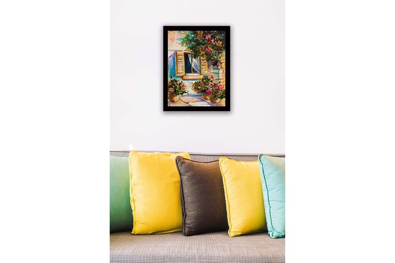 Indrammet lærredstryk i træ - 41x56 cm - Vindue med blomsterpotter i solrige omgivelser - Grøn / Lyserød / Gul - Boligtilbehør - Billeder & kunst