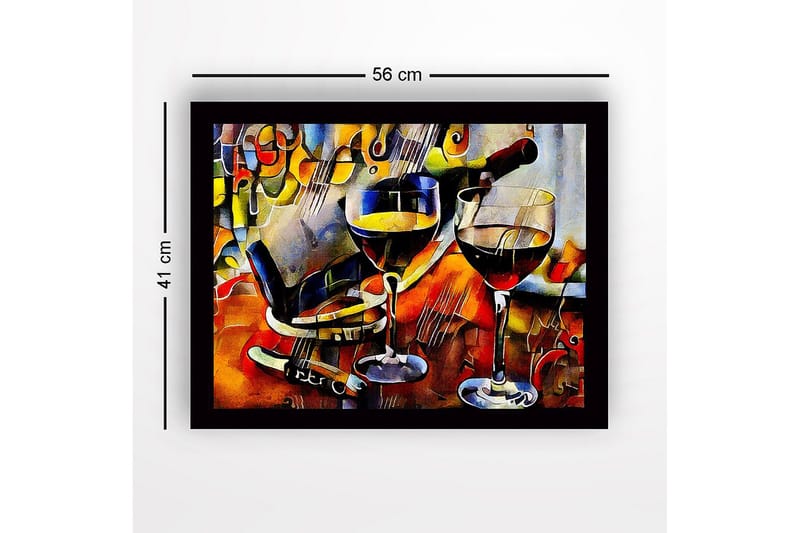 Indrammet lærredstryk i træ - 41x56 cm - Vinkaraffel og glas med vin i en livlig komposition - Guld / Rød / Blå - Boligtilbehør - Billeder & kunst