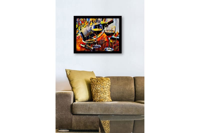 Indrammet lærredstryk i træ - 41x56 cm - Vinkaraffel og glas med vin i en livlig komposition - Guld / Rød / Blå - Boligtilbehør - Billeder & kunst
