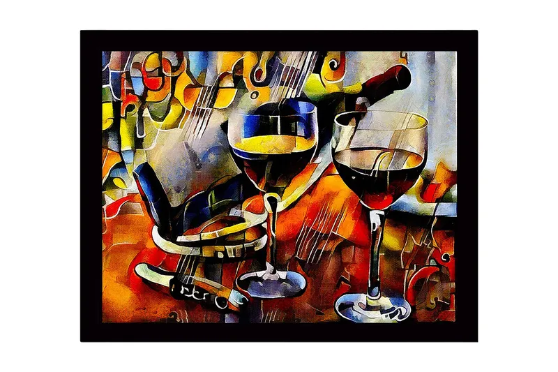 Indrammet lærredstryk i træ - 41x56 cm - Vinkaraffel og glas med vin i en livlig komposition, Guld / Rød / Blå