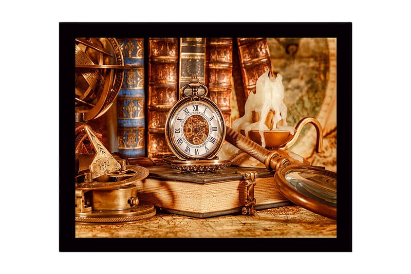Indrammet lærredstryk i træ - 41x56 cm - Vintage samling af navigationsværktøjer og et lommeur, Guld / Brun / Beige