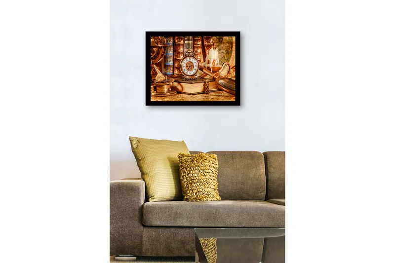 Indrammet lærredstryk i træ - 41x56 cm - Vintage samling af navigationsværktøjer og et lommeur - Guld / Brun / Beige - Boligtilbehør - Billeder & kunst