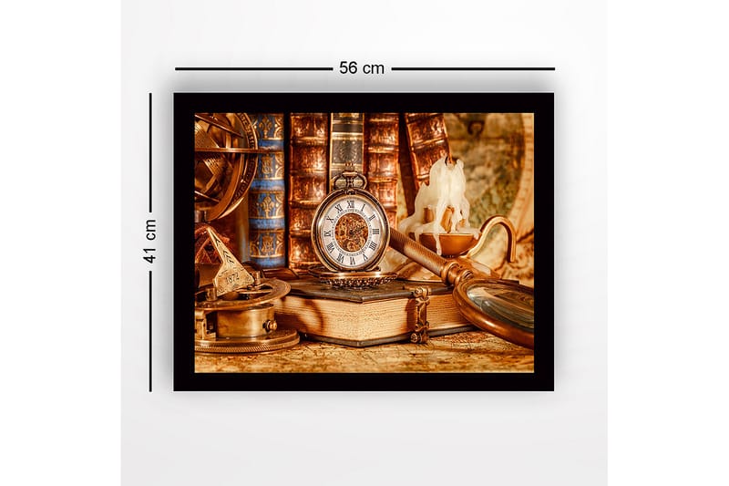 Indrammet lærredstryk i træ - 41x56 cm - Vintage samling af navigationsværktøjer og et lommeur - Guld / Brun / Beige - Boligtilbehør - Billeder & kunst