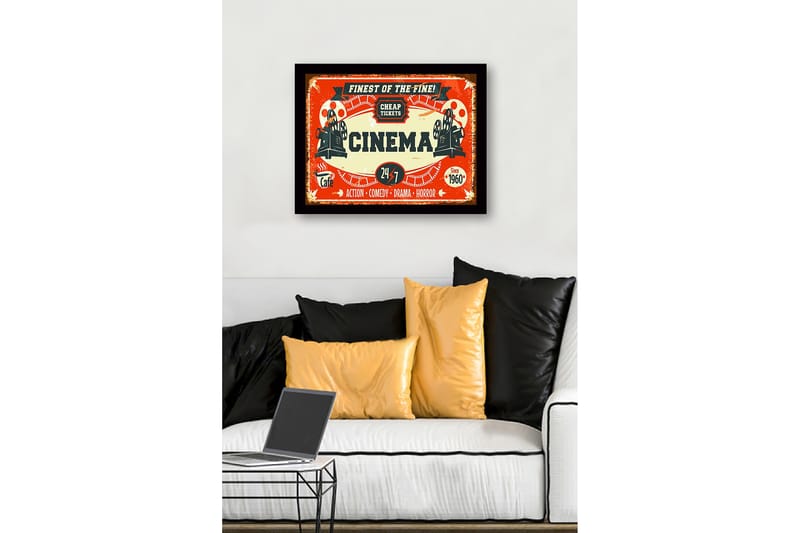 Indrammet lærredstryk i træ - 41x56 cm - Vintage plakat til biograf med filmprojektor og billetter - Rød / Sort / Beige - Boligtilbehør - Billeder & kunst