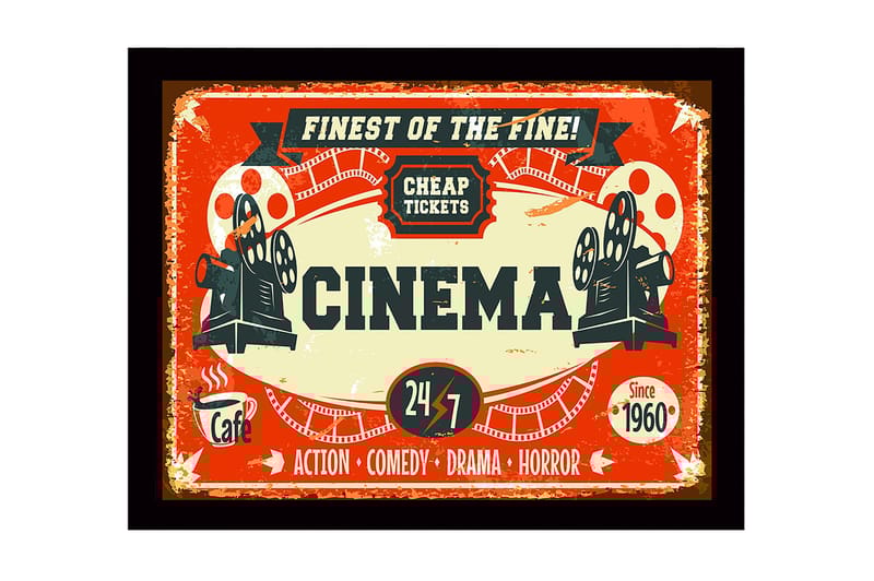 Indrammet lærredstryk i træ - 41x56 cm - Vintage plakat til biograf med filmprojektor og billetter, Rød / Sort / Beige