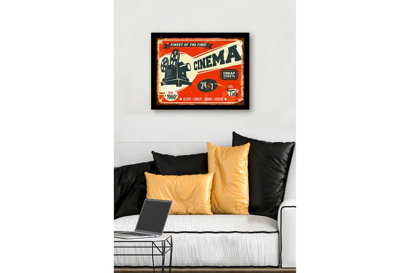 Indrammet lærredstryk i træ - 41x56 cm - Vintage plakat til biograf med filmprojektor - Rød / Sort / Beige - Boligtilbehør - Billeder & kunst
