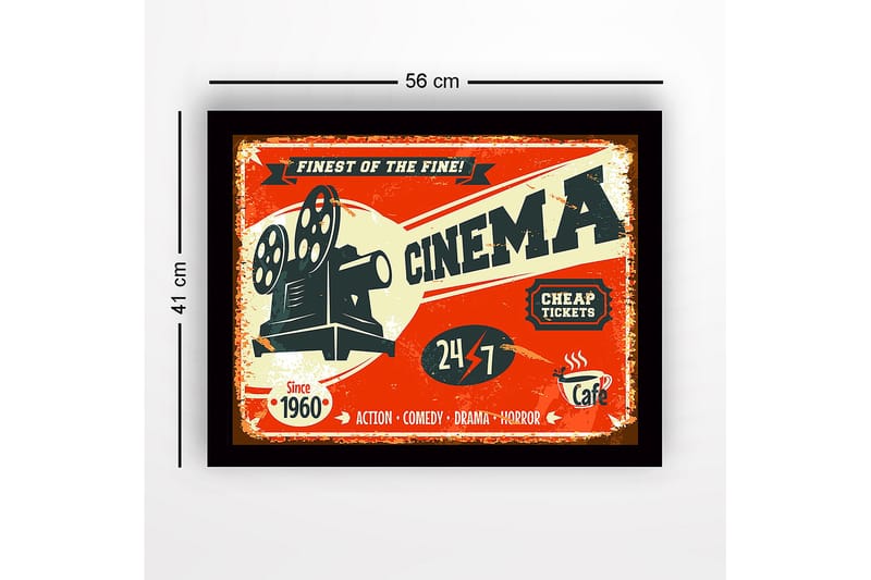 Indrammet lærredstryk i træ - 41x56 cm - Vintage plakat til biograf med filmprojektor - Rød / Sort / Beige - Boligtilbehør - Billeder & kunst