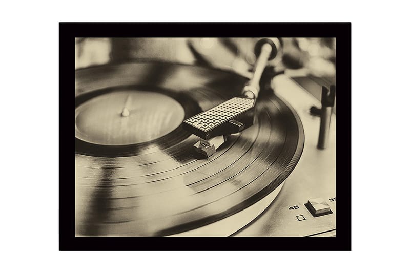 Indrammet lærredstryk i træ - 41x56 cm - Vintage pladespiller med roterende plade, Sort / Brun / Guld